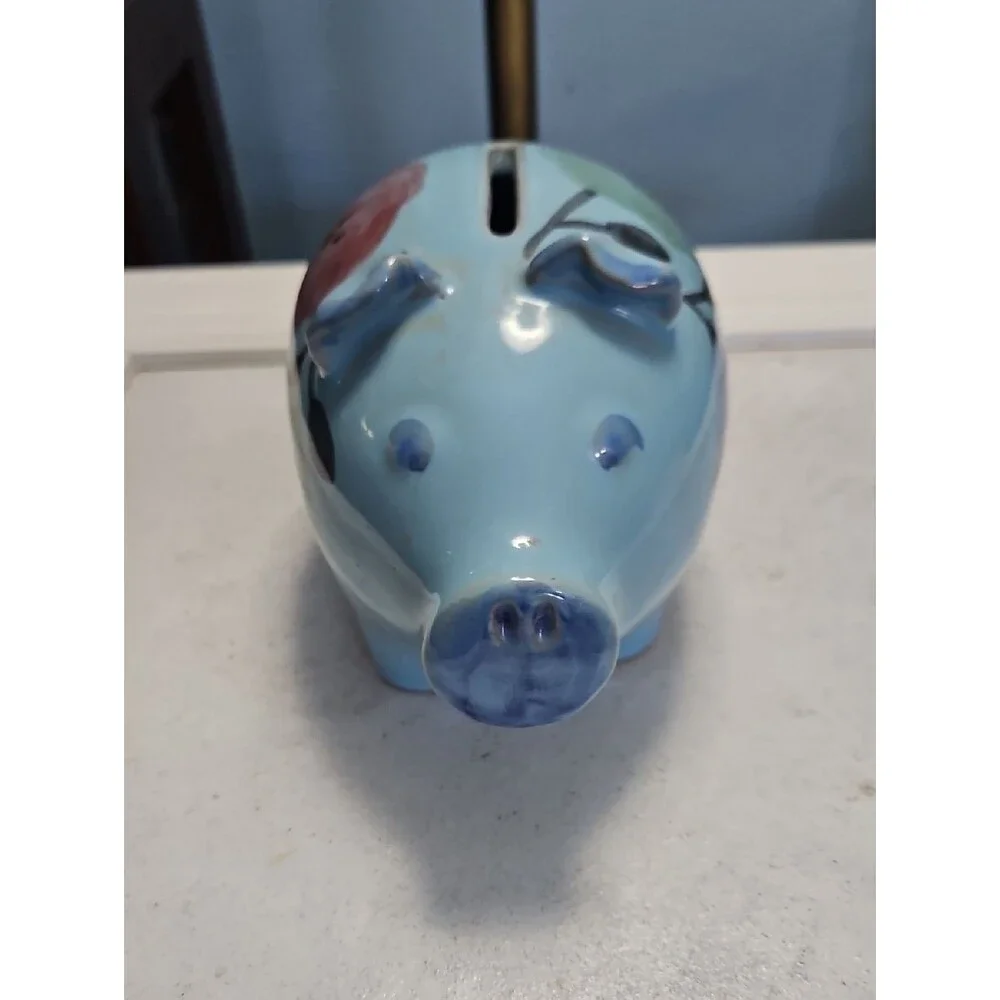 Ceramic Blue Floral Piggy Bank Made In Italy